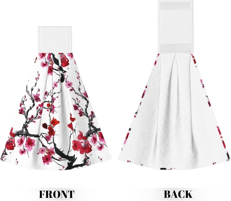 PDDCWAY Cherry Blossom Kitchen Hanging Towels 2Pcs Pink Plum Flower Hand Tie Towels with Loop, Cute Ink Painting Blooming Floral Dish Cloth Towel Fast Drying for Kitchen Bathroom Farmhouse Home Decor - Image 2